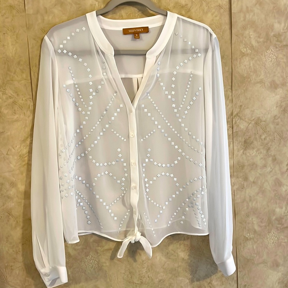 Ellen Tracy Sheer Jeweled Long Sleeve sheer blouse Size Medium